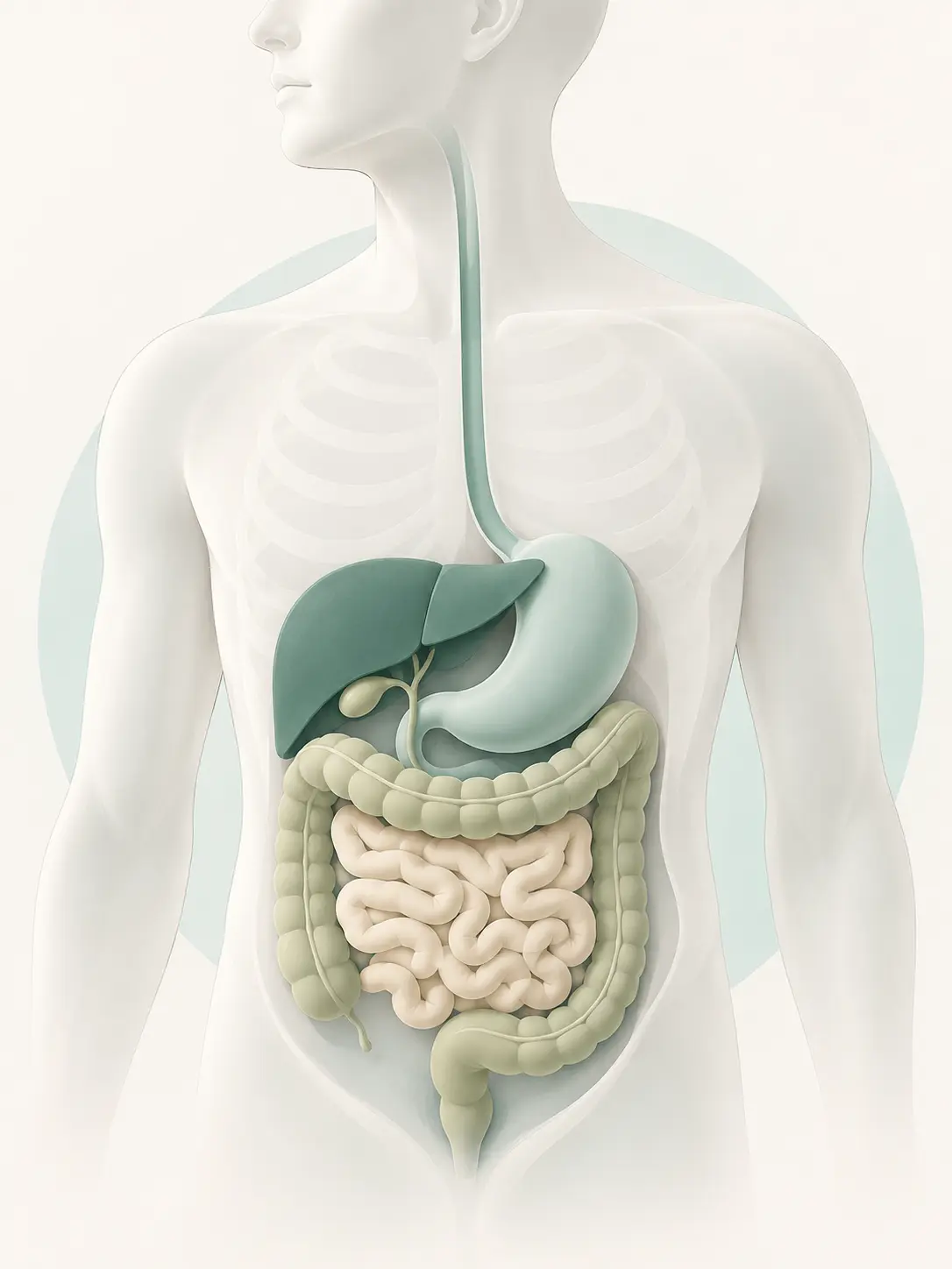 Ilustração do aparelho digestivo destacando estômago, fígado e intestinos